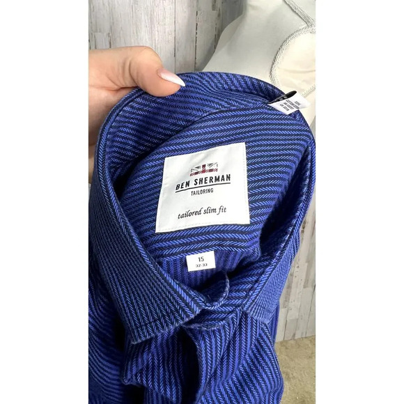 Ben Sherman Men's Tailored Slim Fit Striped Button-Up Shirt Blue‎ Size 15 - Picture 5 of 5